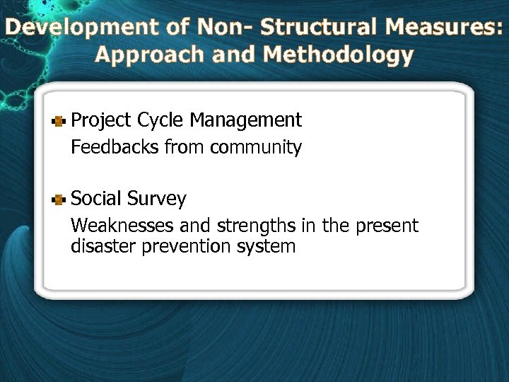 Development of Non- Structural Measures: Approach and Methodology Project Cycle Management Feedbacks from community