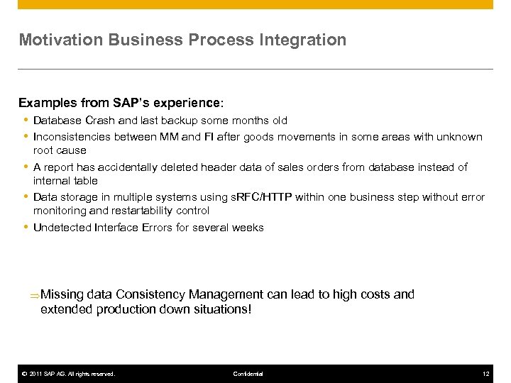 Motivation Business Process Integration Examples from SAP’s experience: Database Crash and last backup some