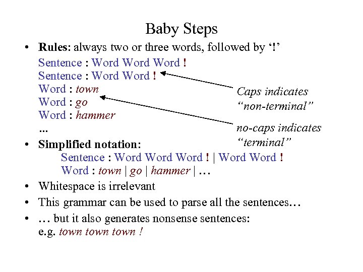 Baby Steps • Rules: always two or three words, followed by ‘!’ Sentence :