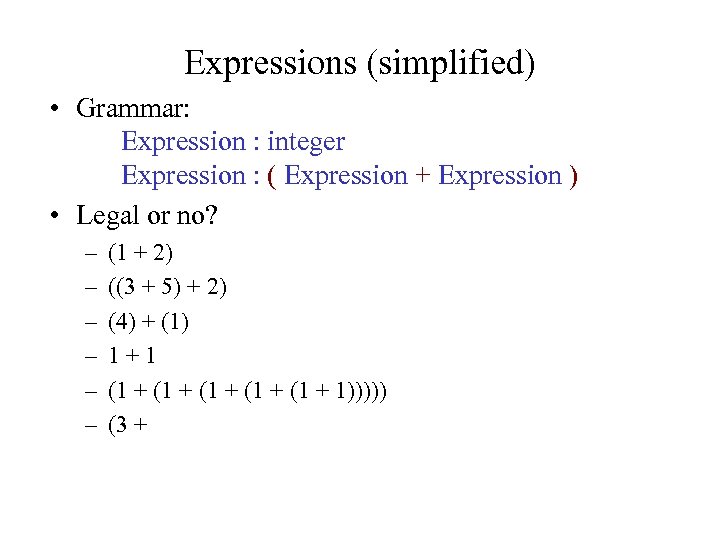 Expressions (simplified) • Grammar: Expression : integer Expression : ( Expression + Expression )