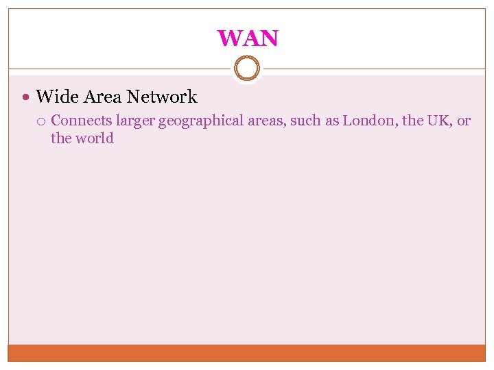 WAN Wide Area Network Connects larger geographical areas, such as London, the UK, or