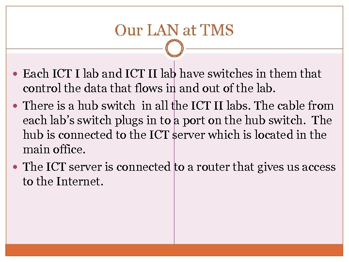 Our LAN at TMS Each ICT I lab and ICT II lab have switches