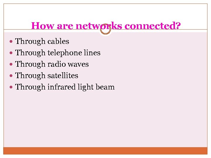 How are networks connected? Through cables Through telephone lines Through radio waves Through satellites