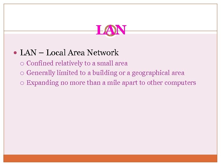 LAN – Local Area Network Confined relatively to a small area Generally limited to