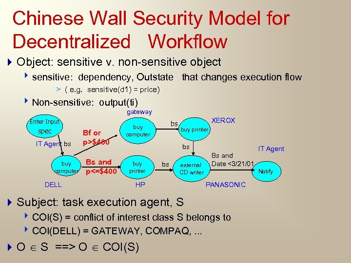 Chinese Wall Security Model for Decentralized Workflow 4 Object: sensitive v. non-sensitive object 4