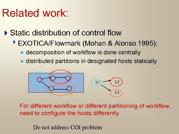Related work: 4 Static distribution of control flow 4 EXOTICA/Flowmark (Mohan & Alonso 1995):