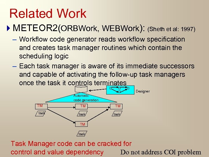 Related Work 4 METEOR 2(ORBWork, WEBWork): (Sheth et al: 1997) – Workflow code generator