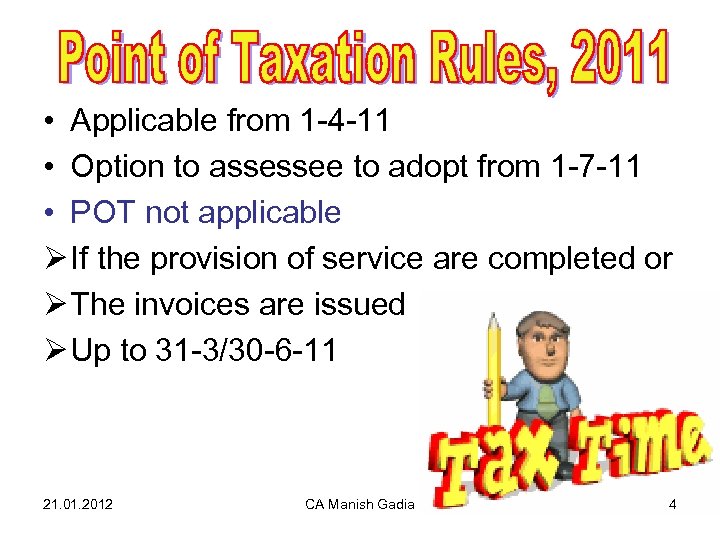  • Applicable from 1 -4 -11 • Option to assessee to adopt from