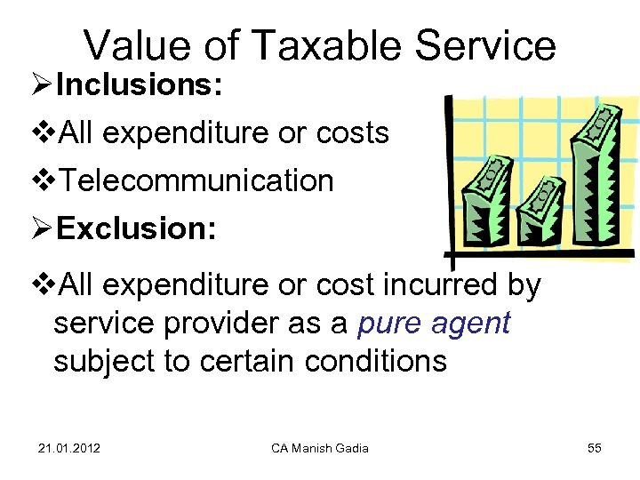 Value of Taxable Service ØInclusions: v. All expenditure or costs v. Telecommunication ØExclusion: v.