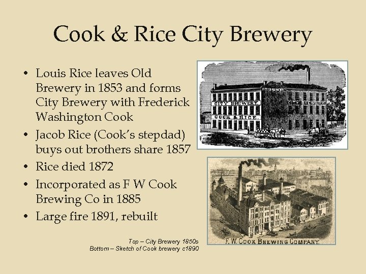 Cook & Rice City Brewery • Louis Rice leaves Old Brewery in 1853 and