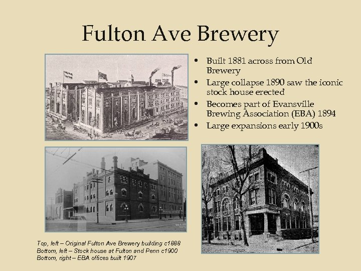 Fulton Ave Brewery • Built 1881 across from Old Brewery • Large collapse 1890