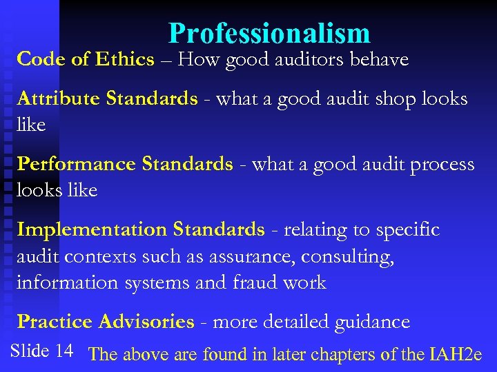Professionalism Code of Ethics – How good auditors behave Attribute Standards - what a