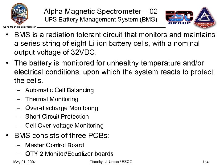 Alpha Magnetic Spectrometer – 02 UPS Battery Management System (BMS) Alpha Magnetic Spectrometer •