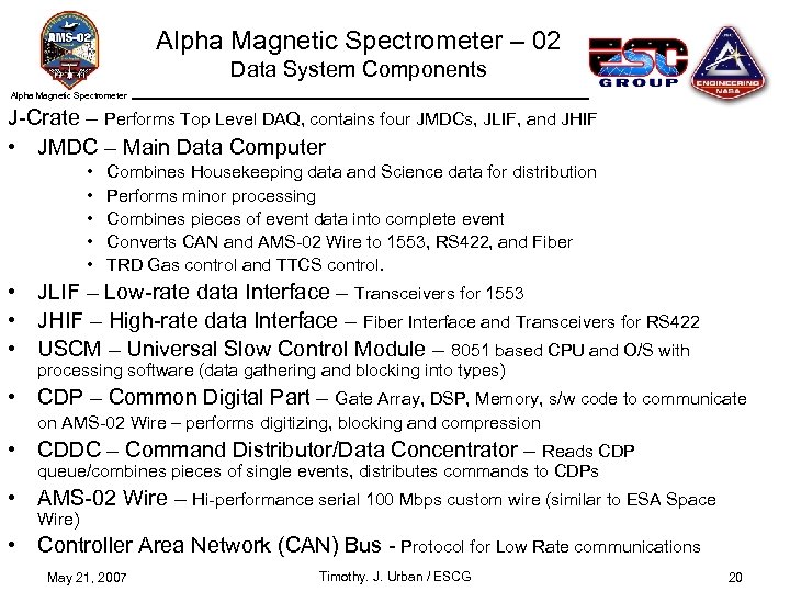 Alpha Magnetic Spectrometer – 02 Data System Components Alpha Magnetic Spectrometer J-Crate – Performs