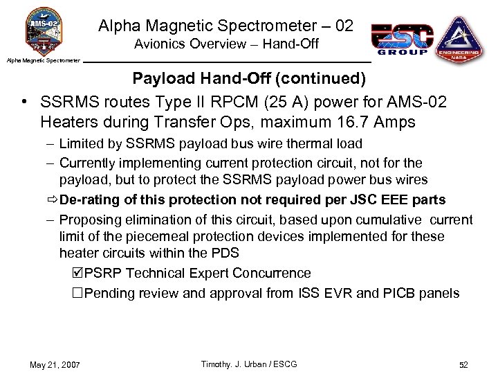 Alpha Magnetic Spectrometer – 02 Avionics Overview – Hand-Off Alpha Magnetic Spectrometer Payload Hand-Off