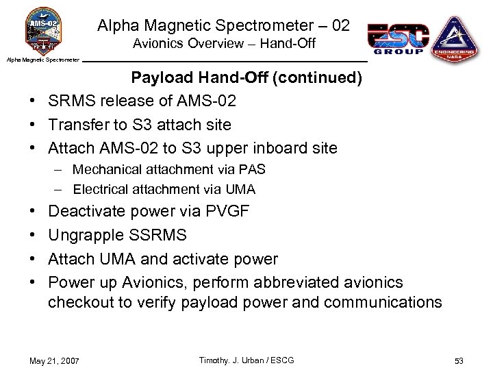 Alpha Magnetic Spectrometer – 02 Avionics Overview – Hand-Off Alpha Magnetic Spectrometer Payload Hand-Off