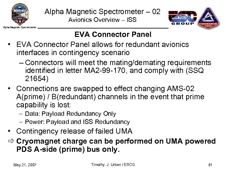 Alpha Magnetic Spectrometer – 02 Avionics Overview – ISS Alpha Magnetic Spectrometer EVA Connector