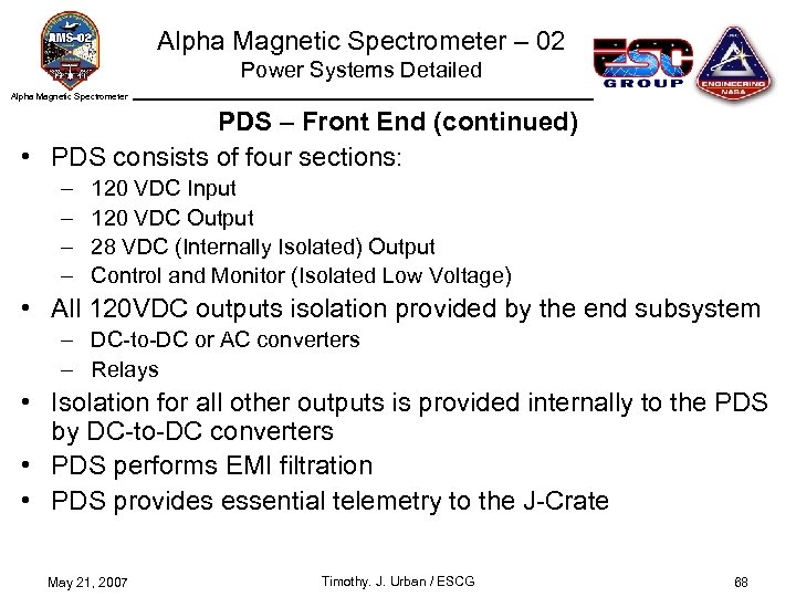 Alpha Magnetic Spectrometer – 02 Power Systems Detailed Alpha Magnetic Spectrometer PDS – Front