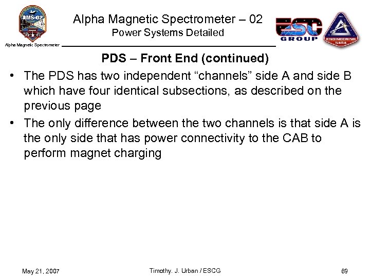 Alpha Magnetic Spectrometer – 02 Power Systems Detailed Alpha Magnetic Spectrometer PDS – Front