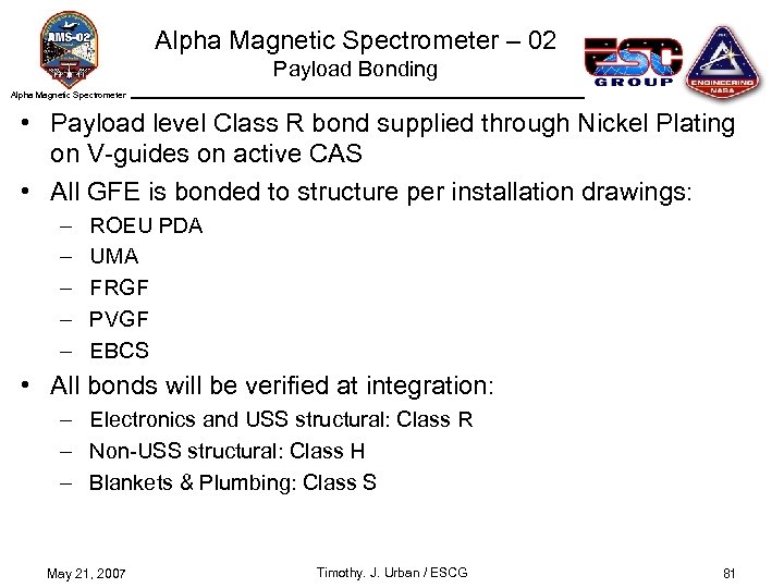Alpha Magnetic Spectrometer – 02 Payload Bonding Alpha Magnetic Spectrometer • Payload level Class