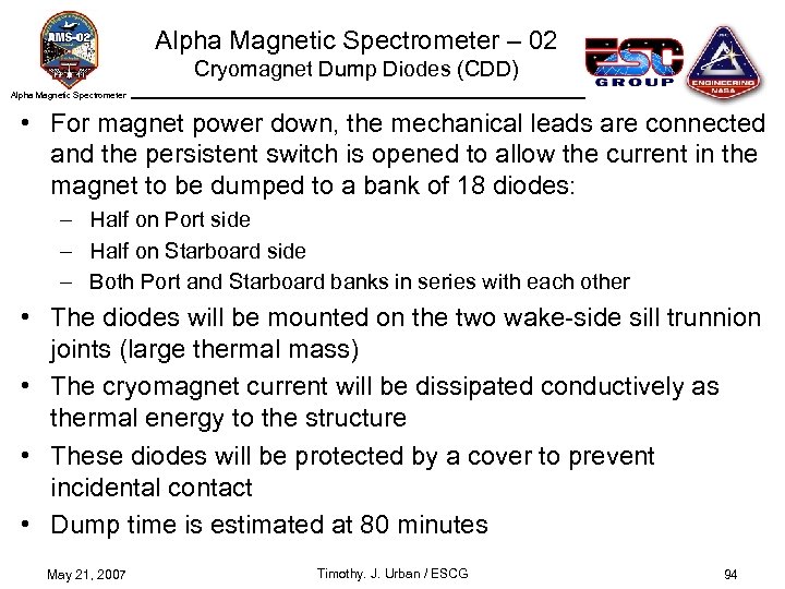 Alpha Magnetic Spectrometer – 02 Cryomagnet Dump Diodes (CDD) Alpha Magnetic Spectrometer • For