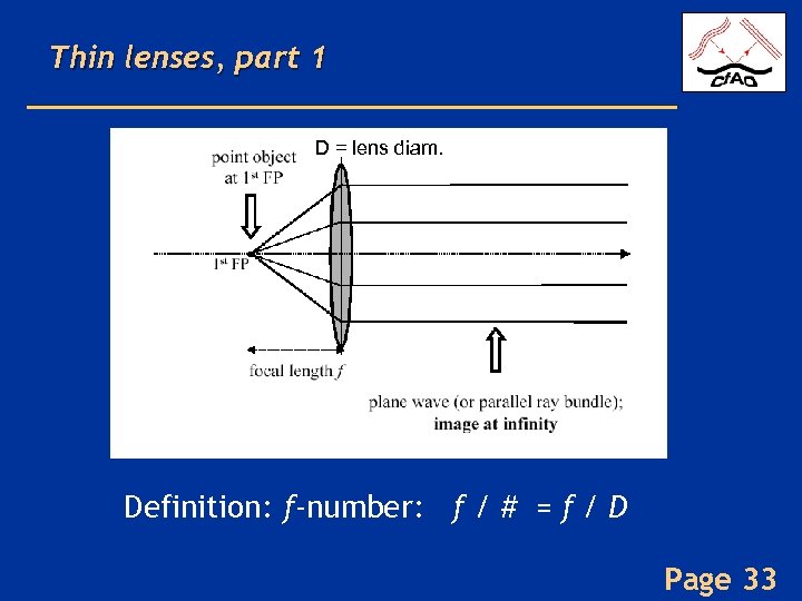 Thin lenses, part 1 D = lens diam. Definition: f-number: f / # =