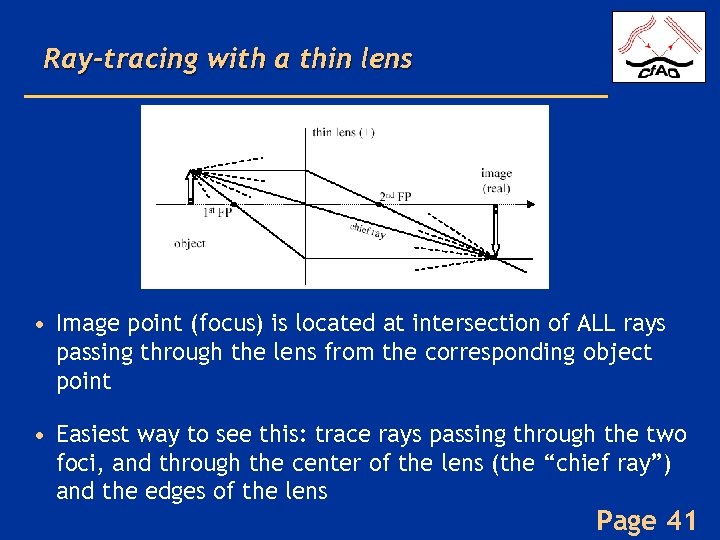 Ray-tracing with a thin lens • Image point (focus) is located at intersection of