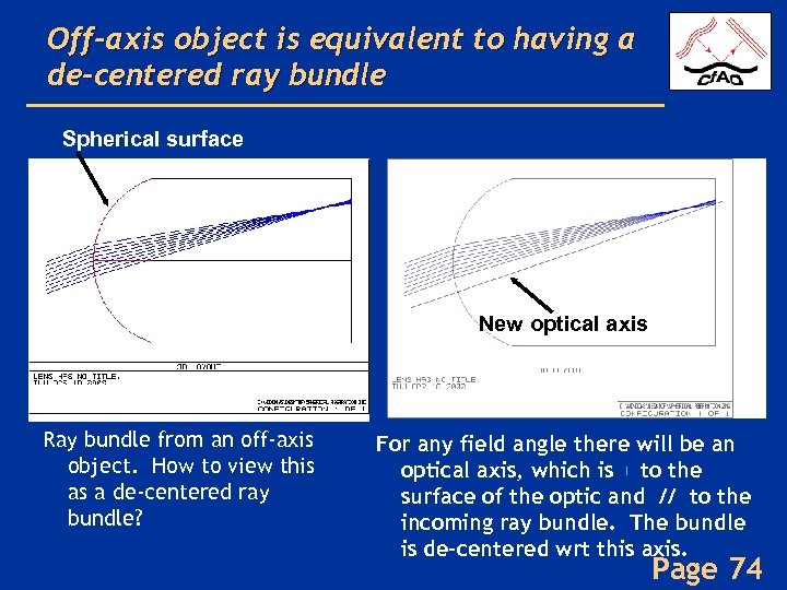 Off-axis object is equivalent to having a de-centered ray bundle Spherical surface New optical