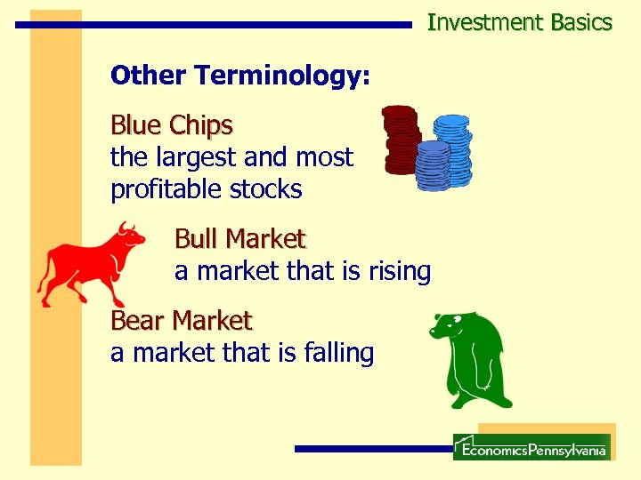 Investment Basics Other Terminology: Blue Chips the largest and most profitable stocks Bull Market