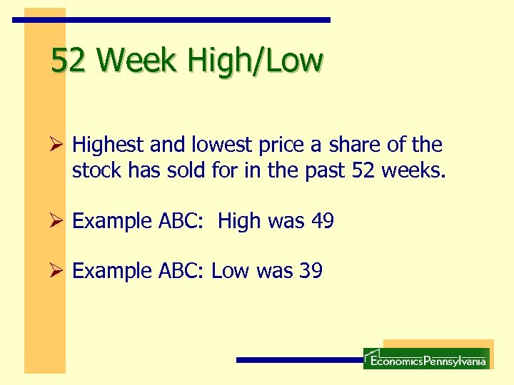 52 Week High/Low Ø Highest and lowest price a share of the stock has