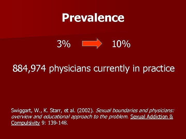 Prevalence 3% 10% 884, 974 physicians currently in practice Swiggart, W. , K. Starr,