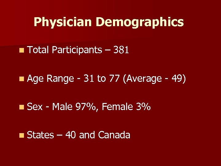 Physician Demographics n Total Participants – 381 n Age Range - 31 to 77