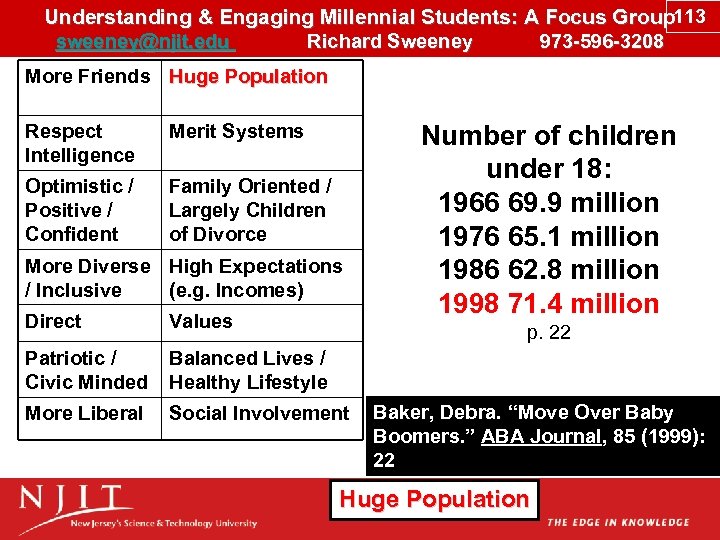 Understanding & Engaging Millennial Students: A Focus Group 113 sweeney@njit. edu Richard Sweeney 973