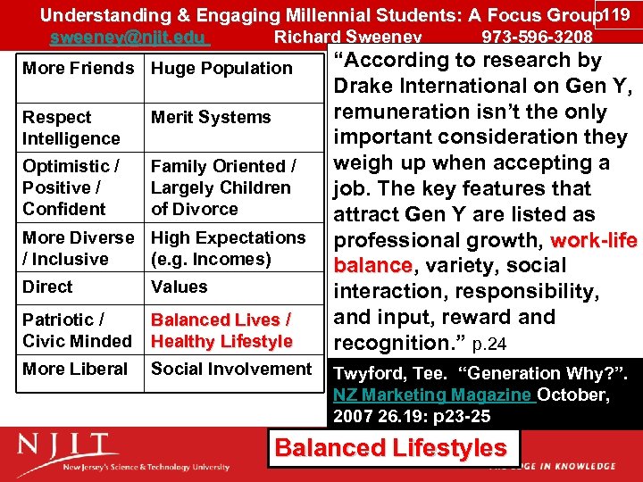 Understanding & Engaging Millennial Students: A Focus Group 119 sweeney@njit. edu Richard Sweeney 973