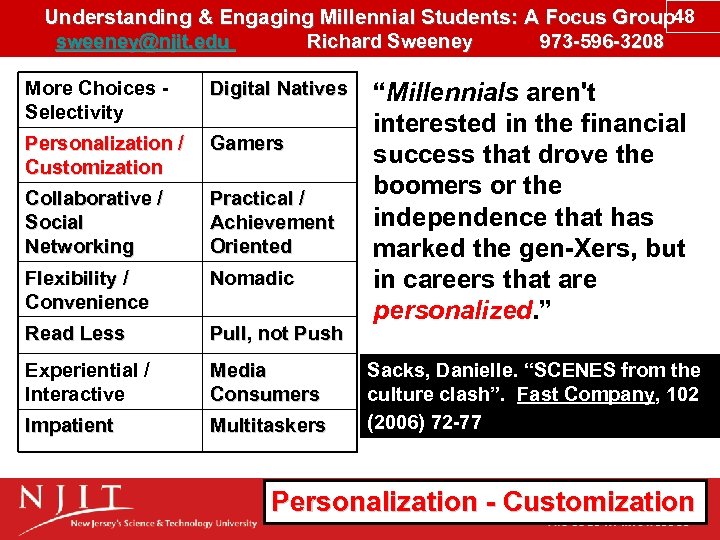 Understanding & Engaging Millennial Students: A Focus Group 48 sweeney@njit. edu Richard Sweeney 973