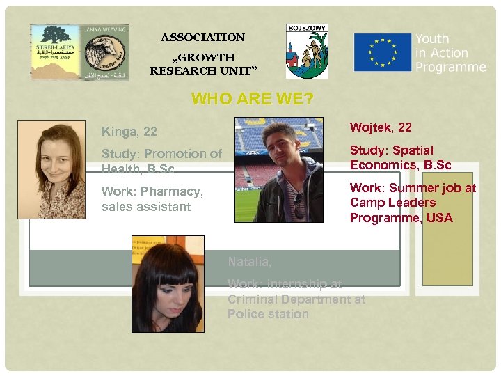 ASSOCIATION „GROWTH RESEARCH UNIT” WHO ARE WE? Kinga, 22 Wojtek, 22 Study: Promotion of