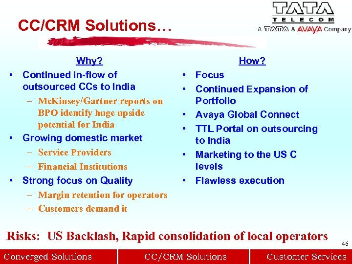 CC/CRM Solutions… Why? • Continued in-flow of outsourced CCs to India – Mc. Kinsey/Gartner