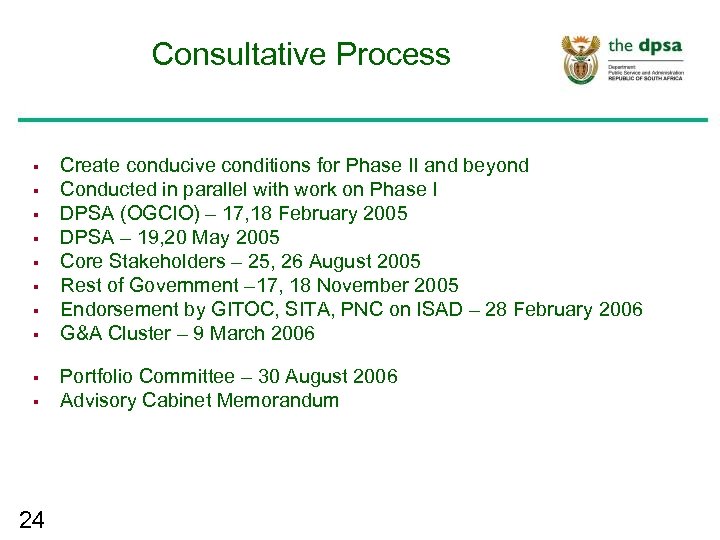 Consultative Process § § § § § 24 Create conducive conditions for Phase II