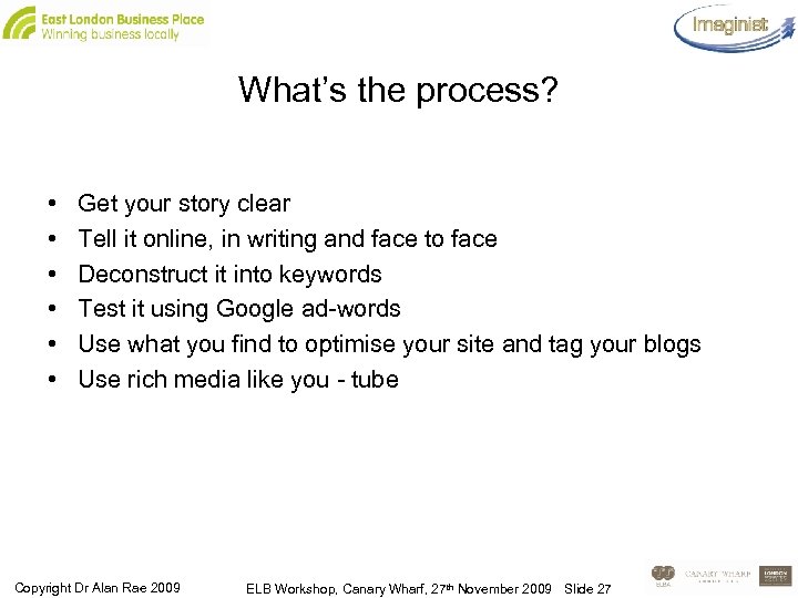 What’s the process? • • • Get your story clear Tell it online, in