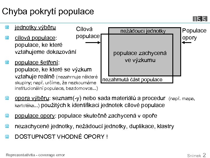 Chyba pokrytí populace jednotky výběru Cílová populace cílová populace: populace, ke které vztahujeme dokazování