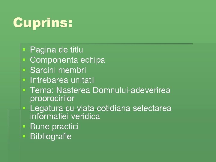 Cuprins: § § § Pagina de titlu Componenta echipa Sarcini membri Intrebarea unitatii Tema: