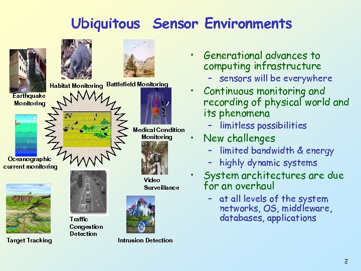 Ubiquitous Sensor Environments • Generational advances to computing infrastructure Habitat Monitoring Battlefield Monitoring Earthquake