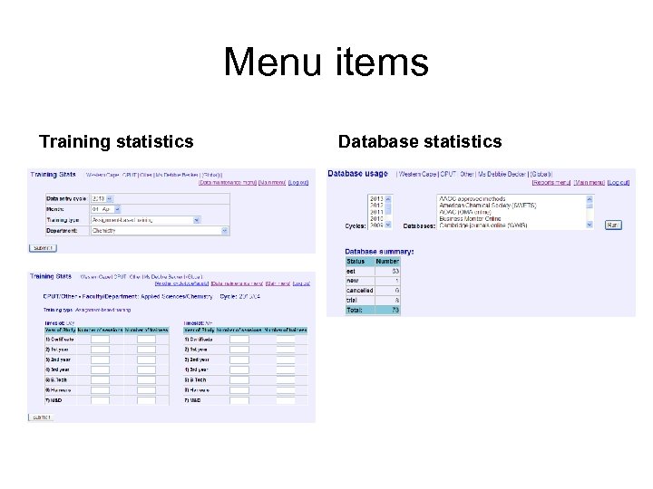 Menu items Training statistics Database statistics 