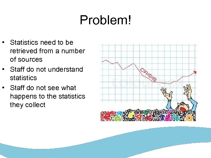 Problem! • Statistics need to be retrieved from a number of sources • Staff