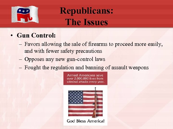 Republicans: The Issues • Gun Control: – Favors allowing the sale of firearms to