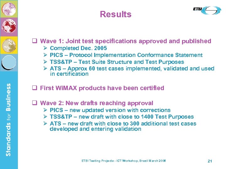 Results q Wave 1: Joint test specifications approved and published Ø Ø Completed Dec.