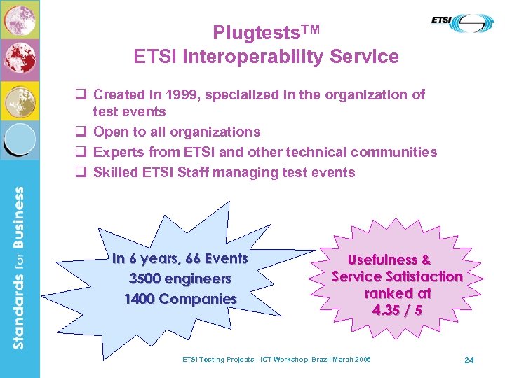 Plugtests. TM ETSI Interoperability Service q Created in 1999, specialized in the organization of