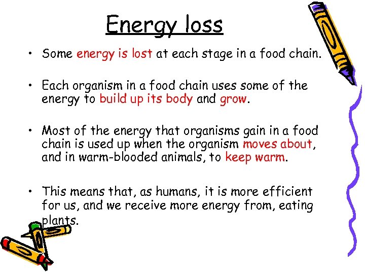 Energy loss • Some energy is lost at each stage in a food chain.