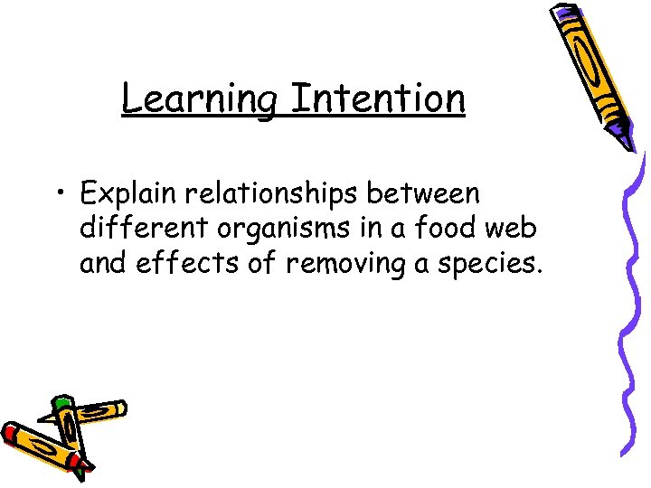 Learning Intention • Explain relationships between different organisms in a food web and effects