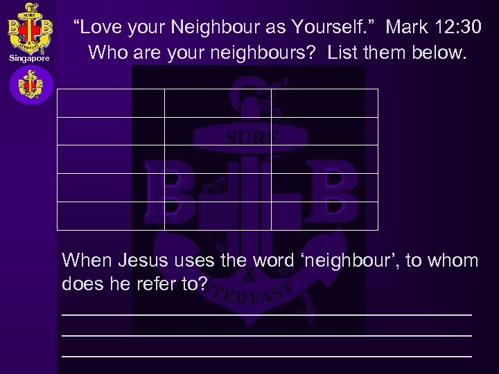 Singapore “Love your Neighbour as Yourself. ” Mark 12: 30 Who are your neighbours?